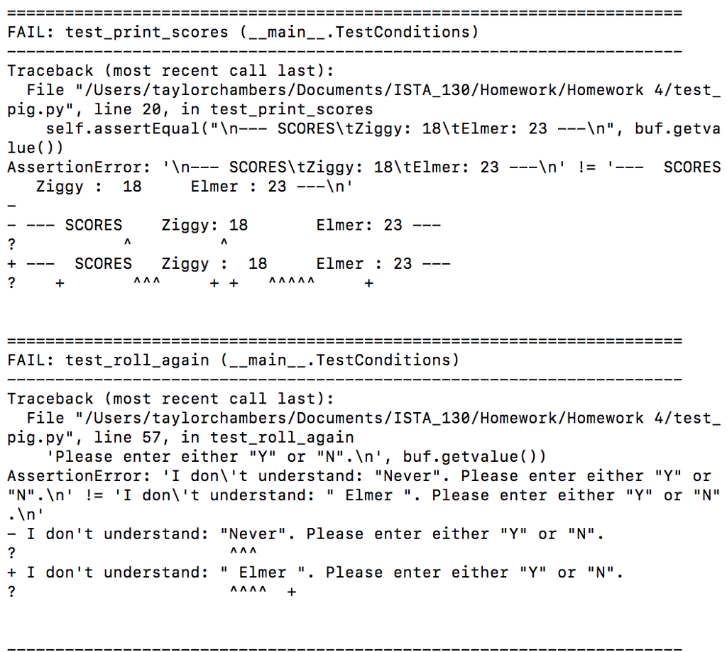 my test. Can you fix my code for the spacing issues?: AssertionError: