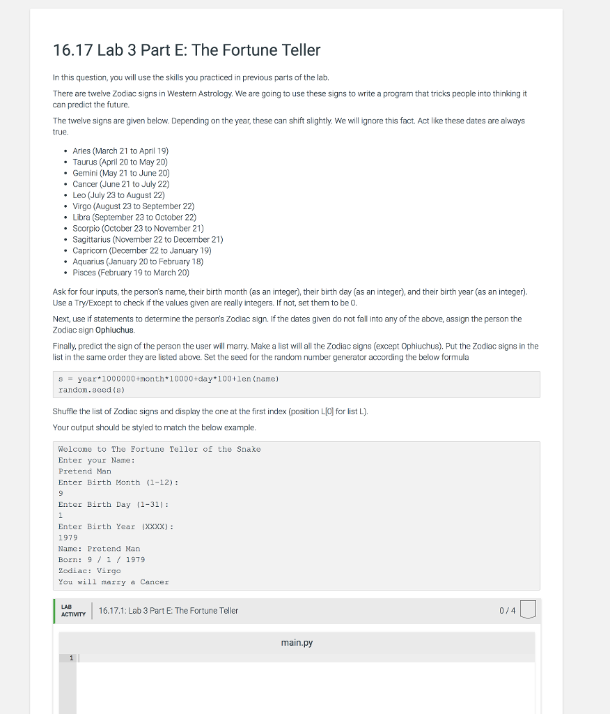 python 16.17 Lab 3 Part E: The Fortune Teller In this question,