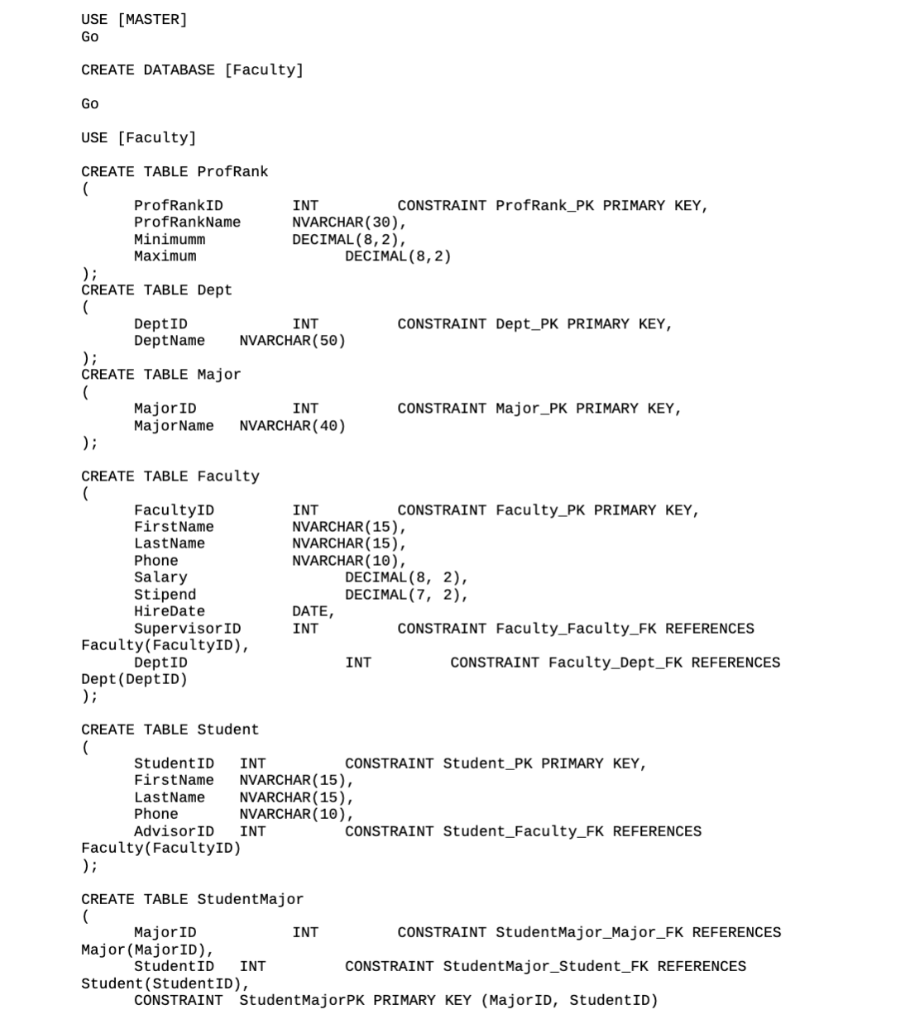 Dept_PK PRIMARY KEY, DeptName NVARCHAR(50) ); CREATE TABLE Major ( MajorID INT