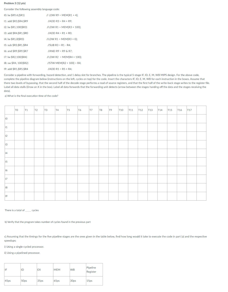  Problem 3(12 pts) Consider the following assembly language code: 10: Iw