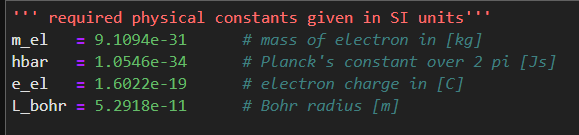 the constants m, and others required for the calculation in SI units
