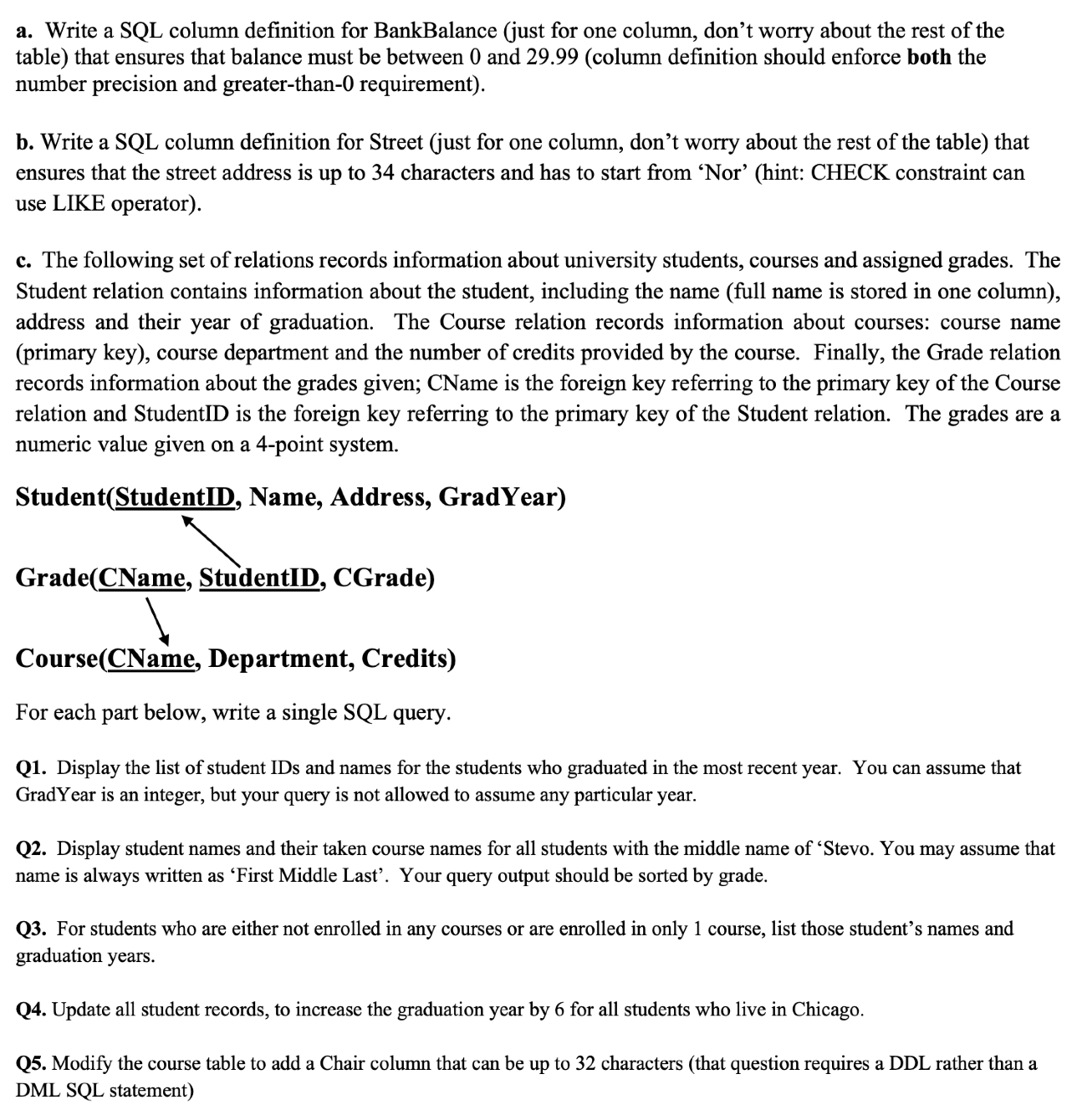  a. Write a SQL column definition for BankBalance (just for one