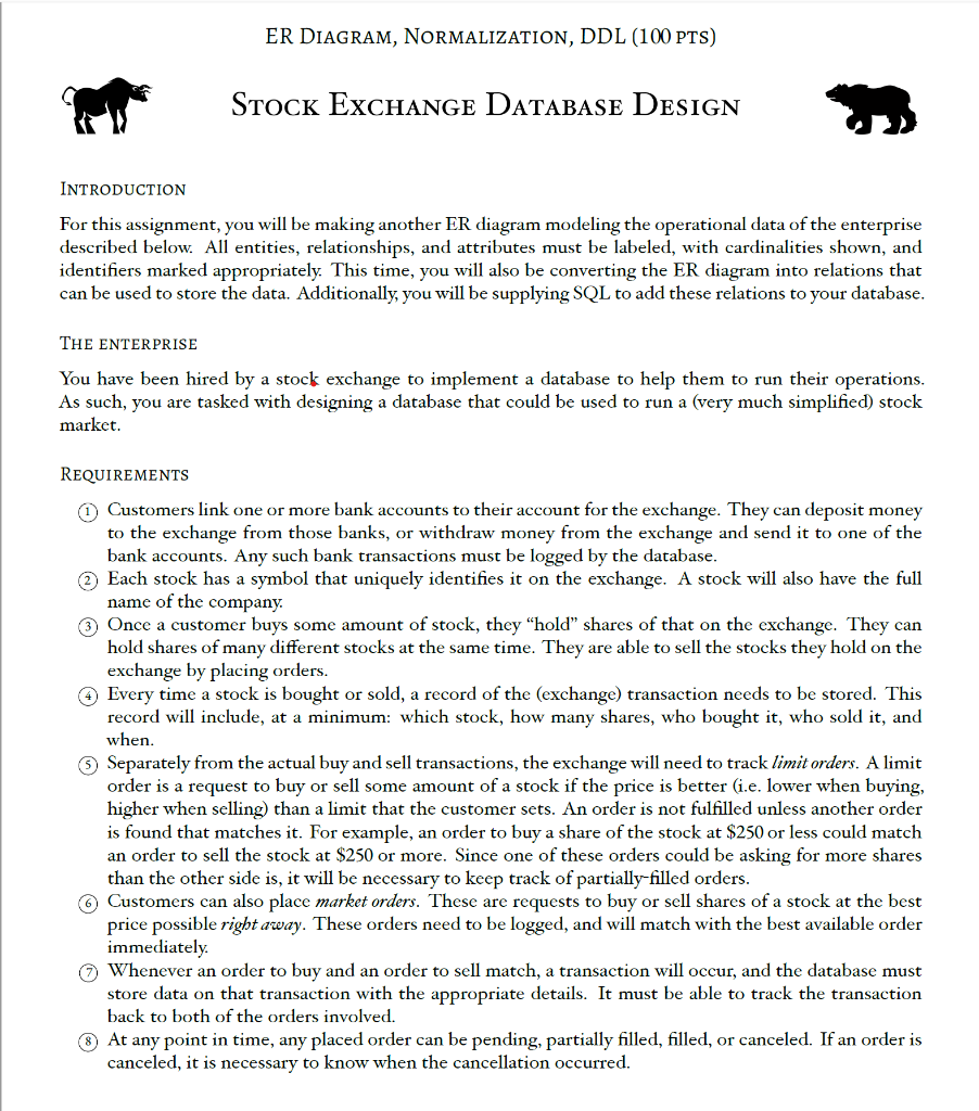 ER DIAGRAM, NORMALIZATION, DDL (100 PTS) STOCK EXCHANGE DATABASE DESIGN INTRODUCTION