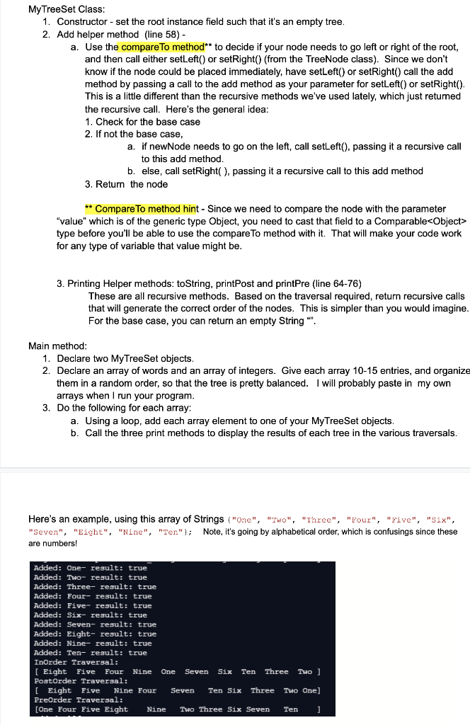  MyTreeSet Class: 1. Constructor - set the root instance field such