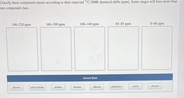 lassify these compound classes according to their expected 13CNMR chemical shifts