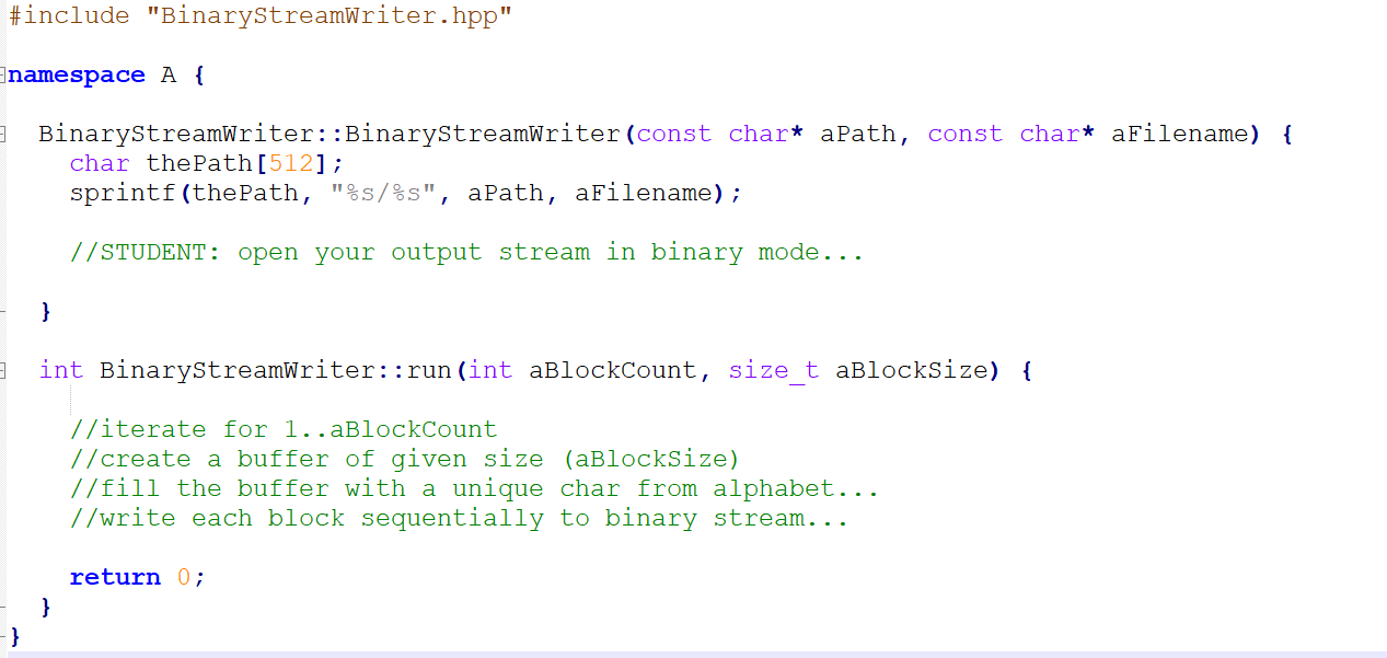 will create a binary file (using streams) that contains N blocks of