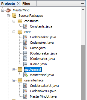 component Codemaker.java CodemakerUi.java Codebreaker.java CodebreakerUi.java Game.java MasterMindUi.java The goal is to develop