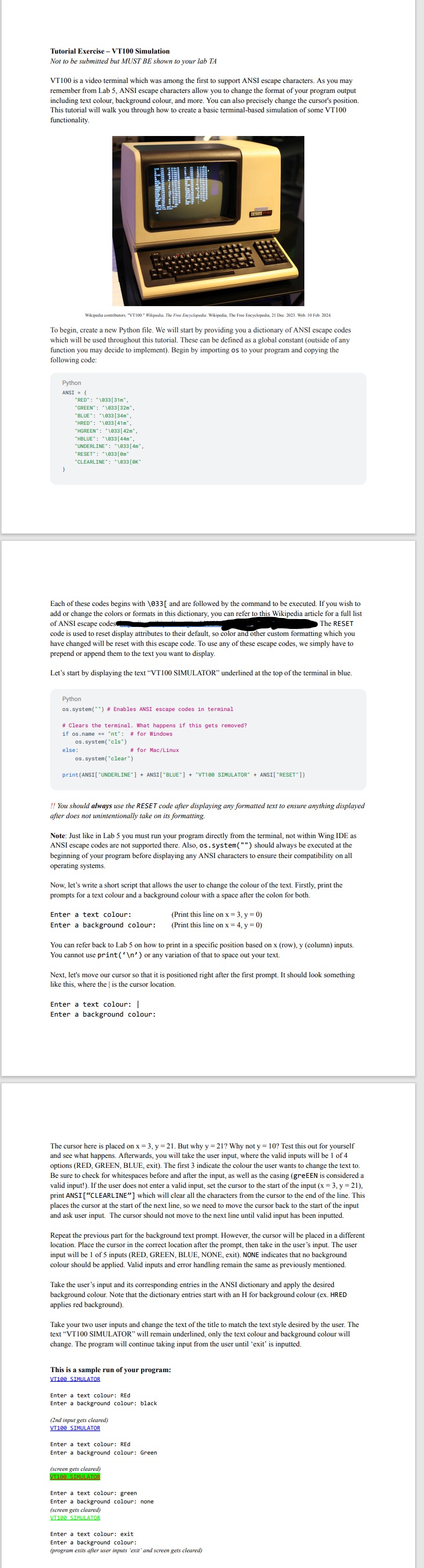  Tutorial Exercise - VT100 Simulation Not to be submitted but MUST