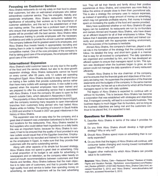 (Question for Discussion) on the second page Abou Shakra Restaurant: Creating Customer