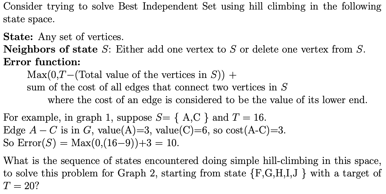 climbing in the following state space. State: Any set of vertices. Neighbors