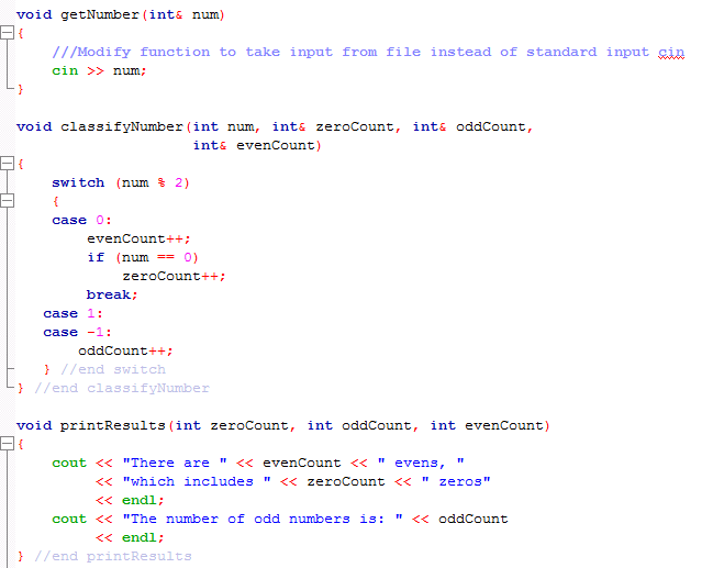 variable int counter; int number; int zeros; int odds int evens: /loop