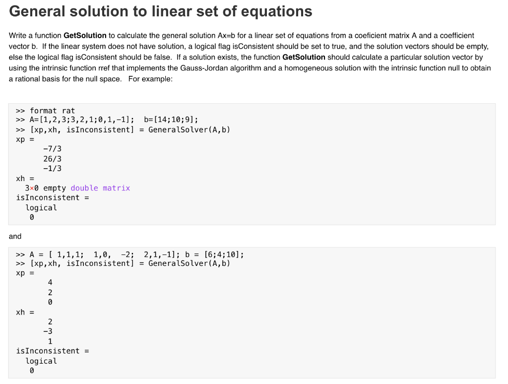  General solution to linear set of equations Write a function GetSolution