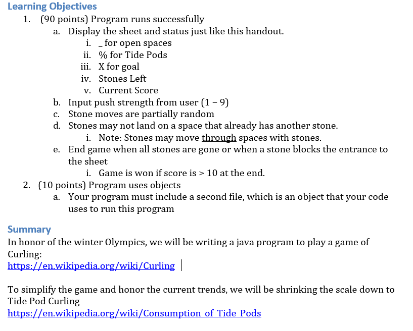  Learning Objectives 1. (90 points) Program runs successfully a. Display the