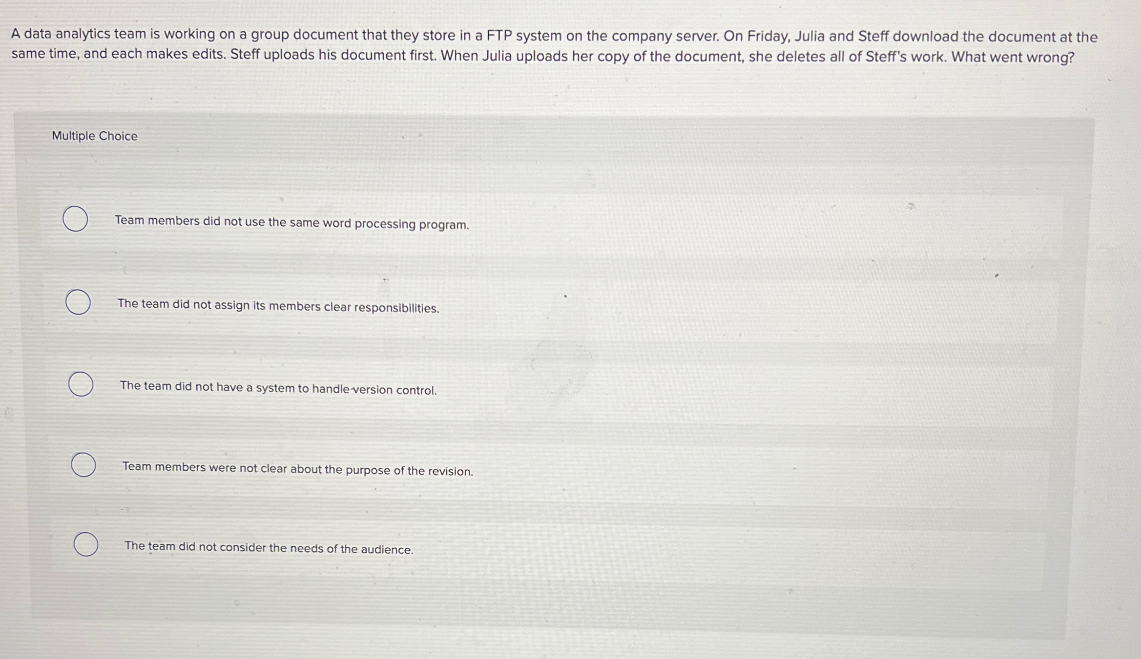  A data analytics team is working on a group document that