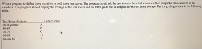 Write a program to define three variables to hold three test