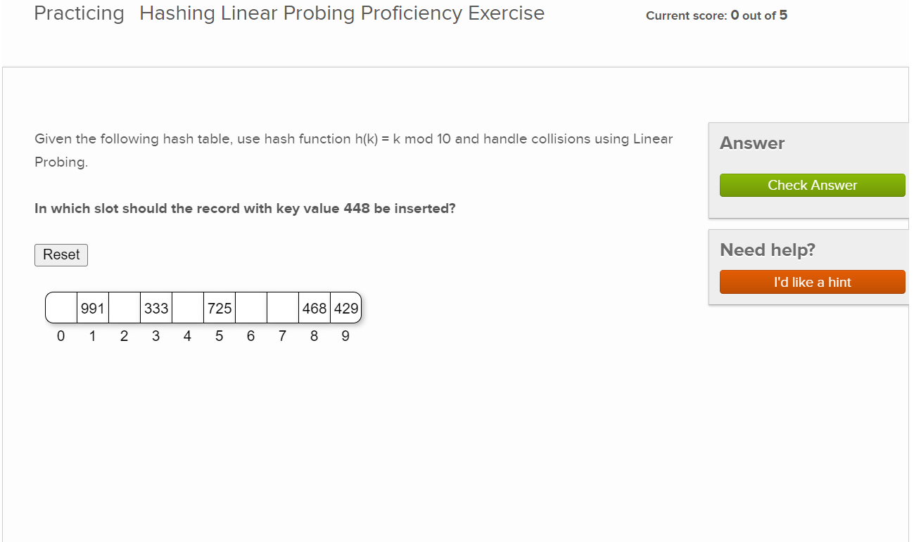  Given the following hash table, use hash function h(k)=kmod10 and handle