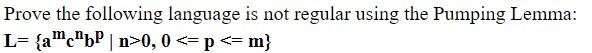 Prove the following language is not regular using the Pumping Lemma