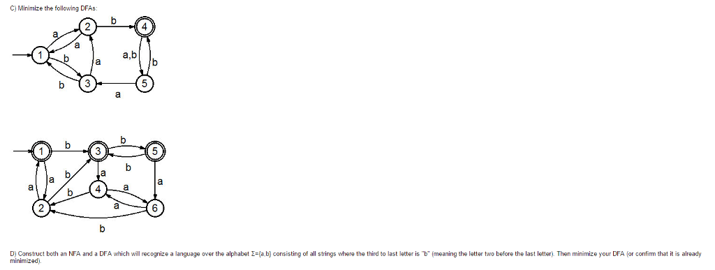  C) Minimize the following DFAS: D) Construct both an NFA and