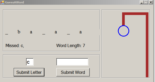 Write a C# GUI program named GuessAWord (which some call The Hangman