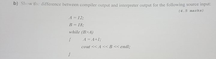 b) Show the difference between compiler output and interpreter output for
