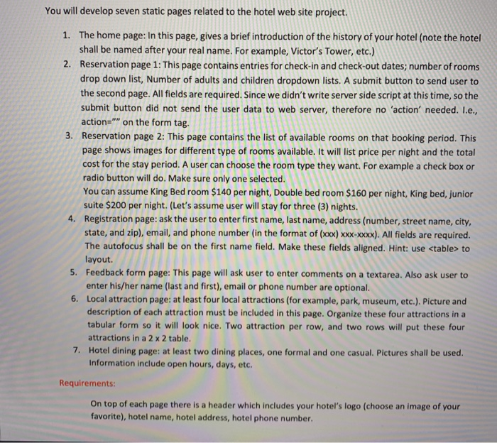  You will develop seven static pages related to the hotel web
