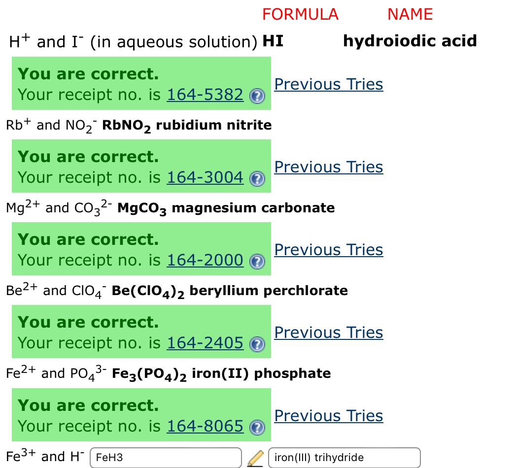  FORMULA NAME H+and I-(in aqueous solution)HI hydroiodic acid You are correct.