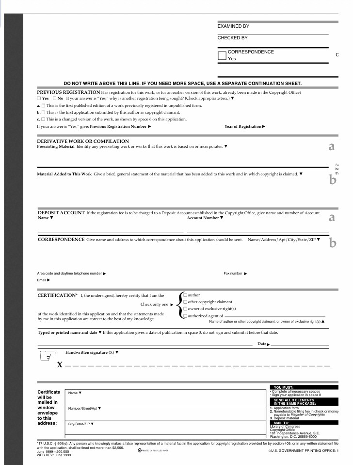 on the posted Form TX) for the Library of Congress Copyright registration