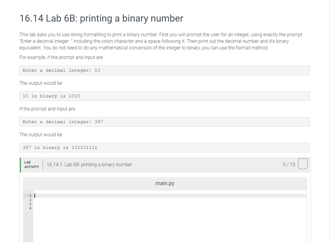  16.14 Lab 6B: printing a binary number This lab asks you
