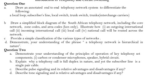 Question One Draw an annotated end to end telephony network system