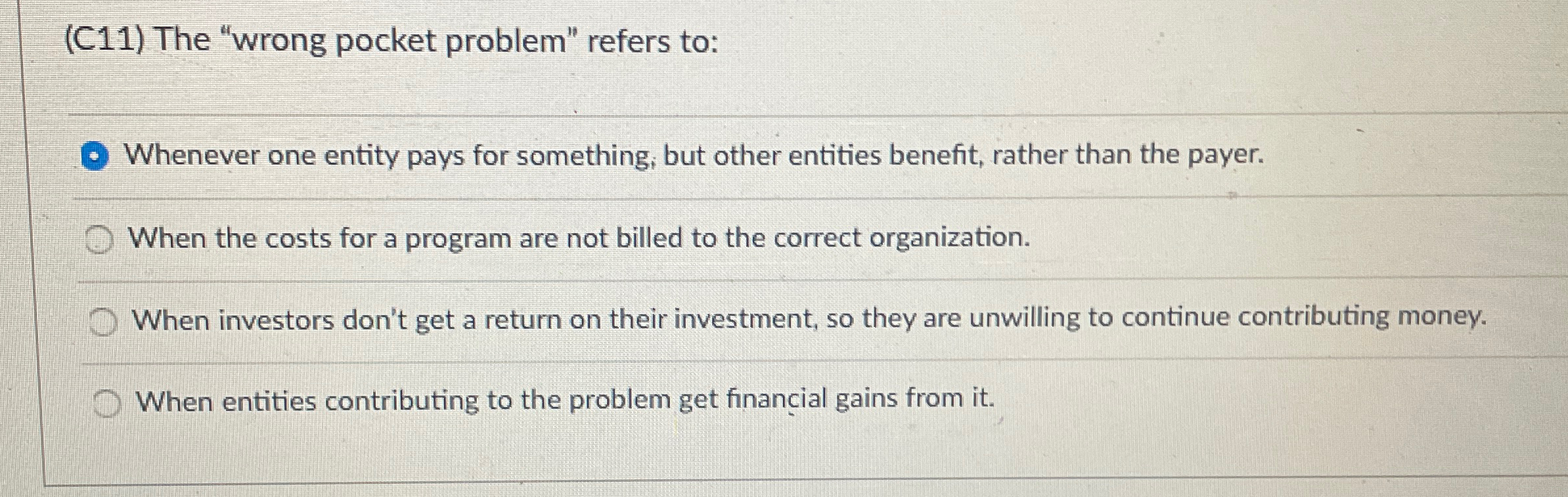  (C11) The "wrong pocket problem" refers to: Whenever one entity pays