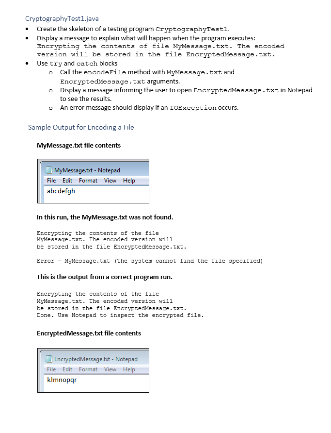 challenge, you will create a Cryptography class with a public static encodeFile