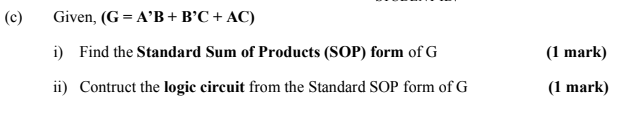  (c) Given, (G = A'B+B'C + AC) i) Find the Standard