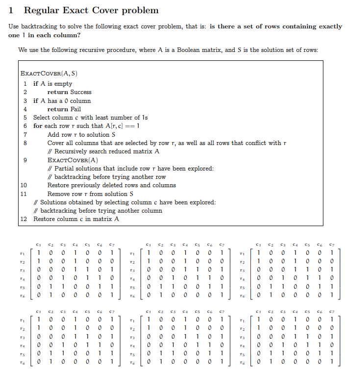  1 Regular Exact Cover problem Use backtracking to solve the following