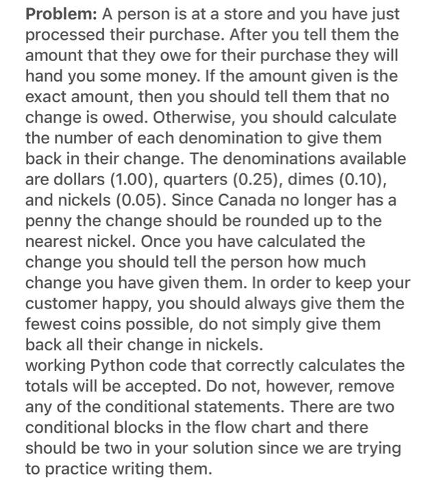 following flow chart. The problem is provided to help make the flow