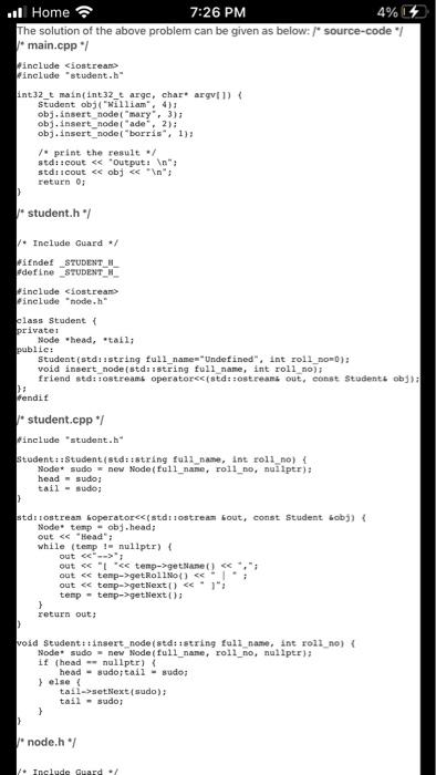 search, and delete student nodes. Each node in the list has a