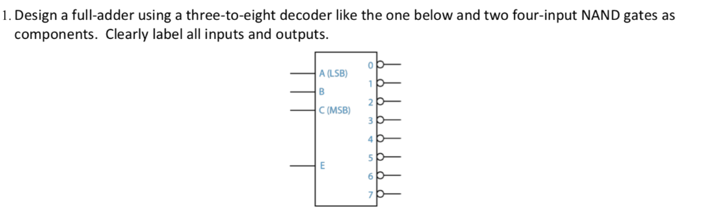  1. Design a full-adder using a three-to-eight decoder like the one