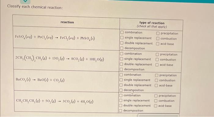  Classify each chemical reaction