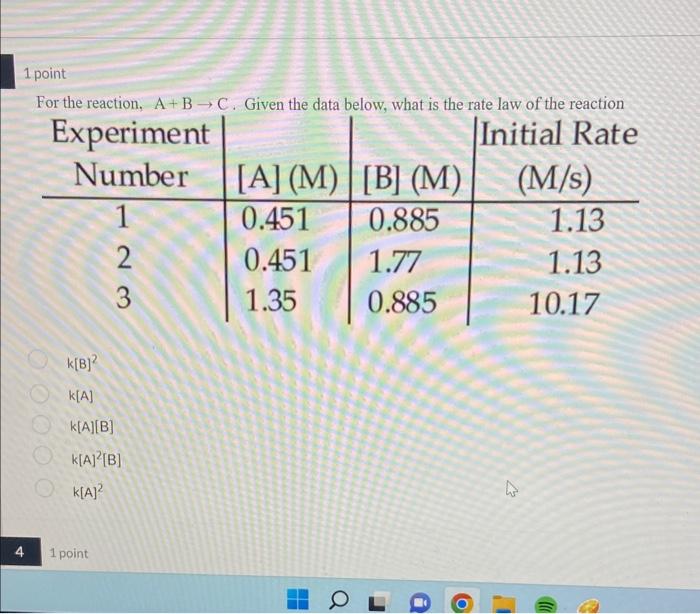  For the reaction, A+BC. Given the data below, what is the