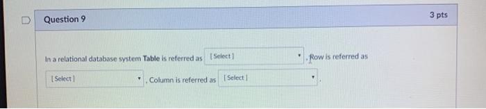  Question 9 3 pts In a relational database system Table is
