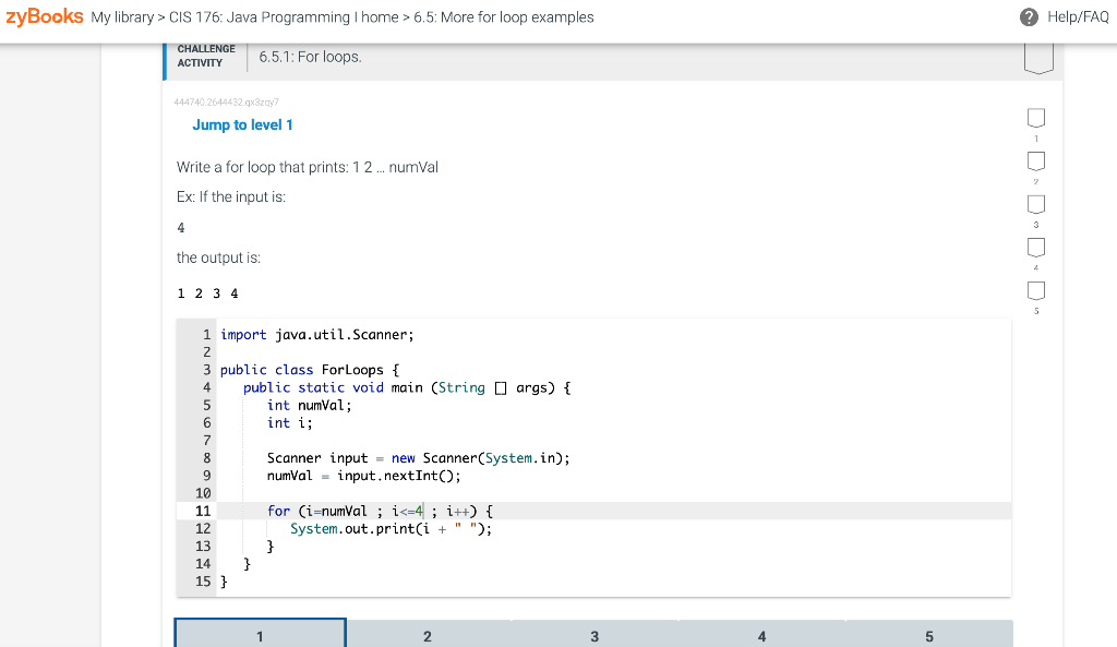 Write a for loop that prints: 1 2 numVal Ex: If the