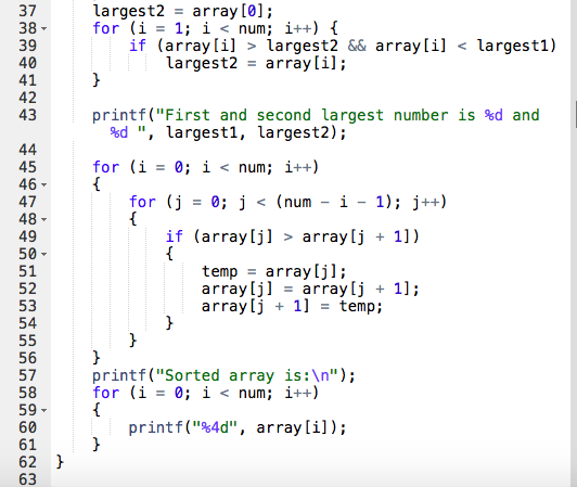 > 2 int main() 4 int array [15]; int i, j, num,