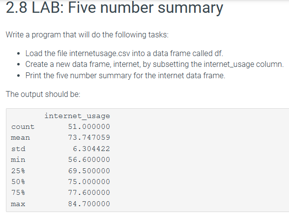  2.8 LAB: Five number summary Write a program that will do