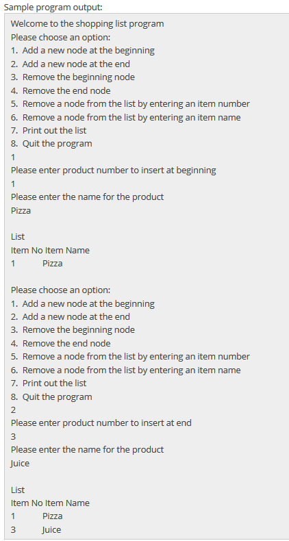 main file needed. please implement a shopping list that uses a linked