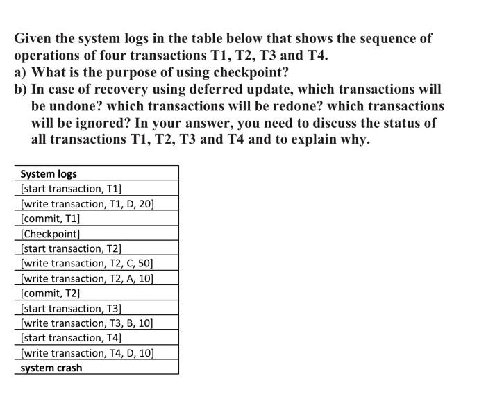  Given the system logs in the table below that shows the