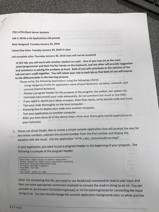  ITEC 4770 Client Server Systems Lab 1: Write a Ct Applications