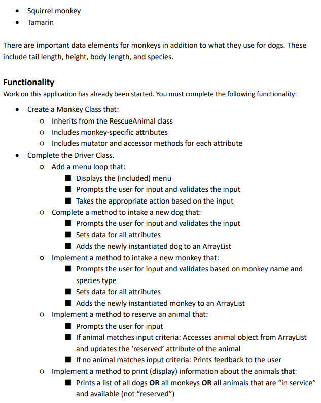 to implement reserveAnimal() and printAnimals() methods. Thanks for the help :) Implement