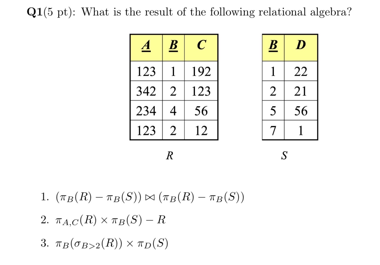  Q1(5 pt): What is the result of the following relational algebra?