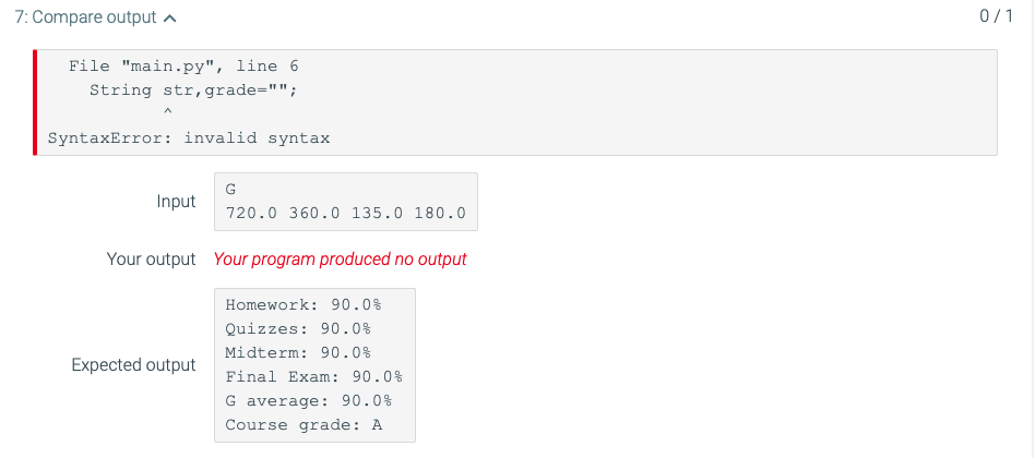 120.0 185.0 Your output your program produced no output Expected output Error: