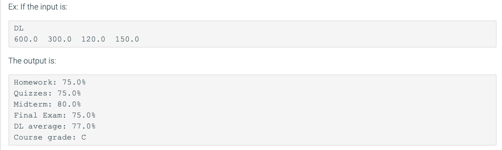 Homework: 75.0% Quizzes: 87.5% Midterm: 73.3% Final Exam: 95.0% DL average: 85.0%