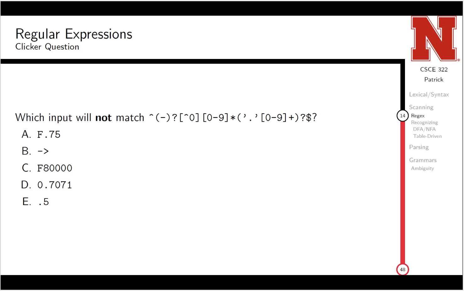 Regular Expressions Clicker Question CSCE 322 Patrick Lexical/Syntax 14 Scanning Regex